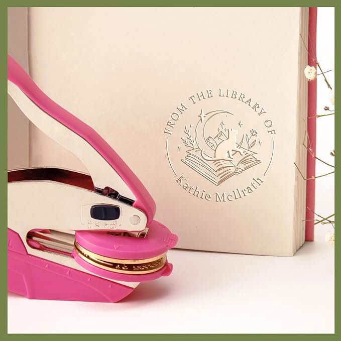 Upgraded Book Embosser Personalized | Custom Book Stamp | Storage Gift Box Set - Include Magnetic Bookmark and Eternal Pencil & 20 pcs Foil Sticker for Hardcover Books, Envelopes, Leather