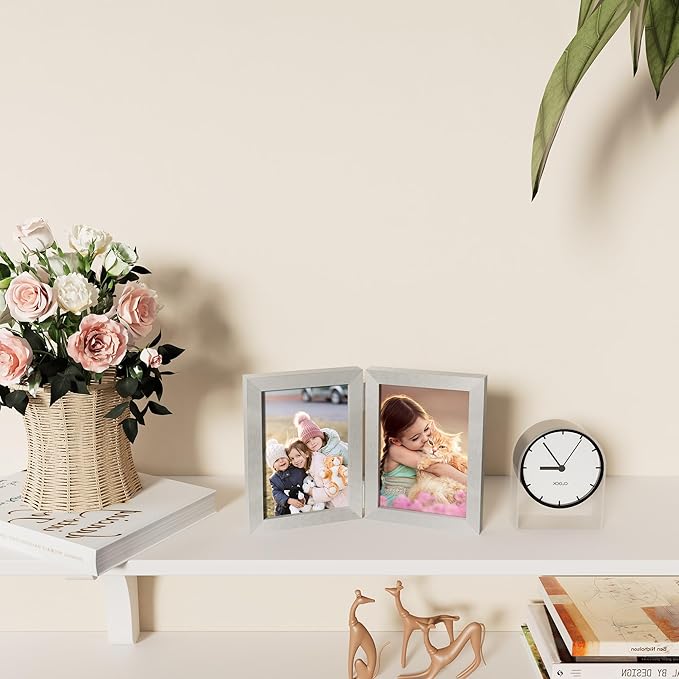 decorUhome Double 5x7 Picture Frame Vertical, Engineered Wood Bifold Photo Frame with Plexiglass for Tabletop Display, 5x7, Silver
