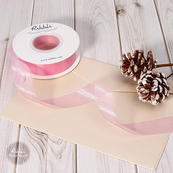 Ribbli Rose Pink Sheer Organza Ribbon,1 Inches x Continuous 50 Yard Use for Gift Wrapping,Bouquet Wrapping,Wedding Decoration,All Crafting and Sewing