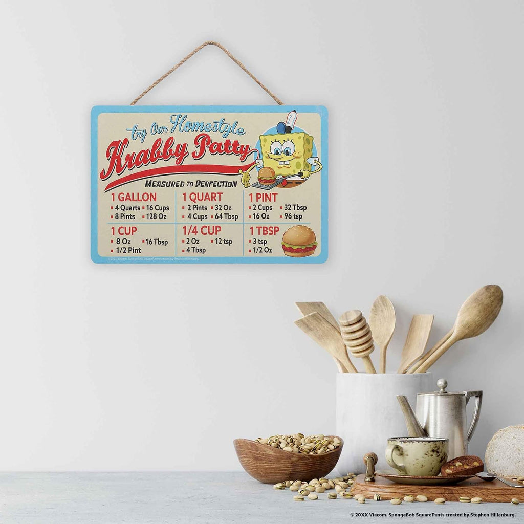 SpongeBob SquarePants Krabby Patty Kitchen Hanging Wood Measuring Sign - Fun SpongeBob Kitchen Conversion Chart for Home