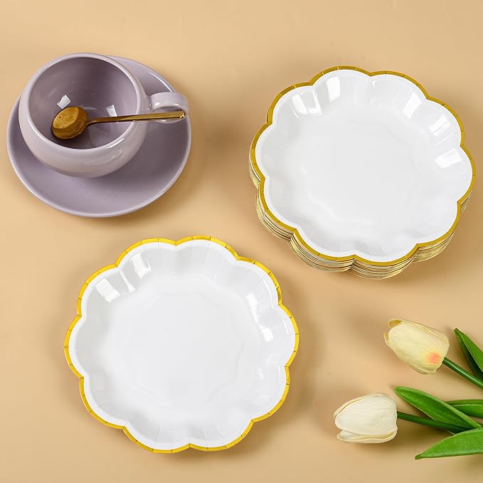 White Golden Party Plates Gold Foil Dessert Paper Plate 7inch Scalloped Edge Disposable Cake Plates for Tea Party Birthday Bridal Baby Shower Wedding Party Supplies (24, White)
