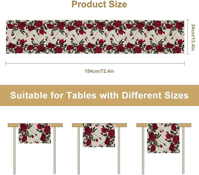 Rose Table Runner, Retro Red Rose Flowers Green Leaves Valentine's Day Kitchen Dinning Table Runner for Indoor Outdoor Home Wedding Party Holiday, 13x90 Inch