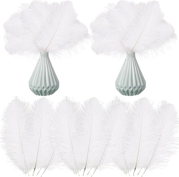 Crowye 100 Pcs Ostrich Feathers Bulk for Centerpieces Craft Ostrich Feathers for Vase Wedding Masquerade Party Home Costume Decorations (6-8 Inch,White)
