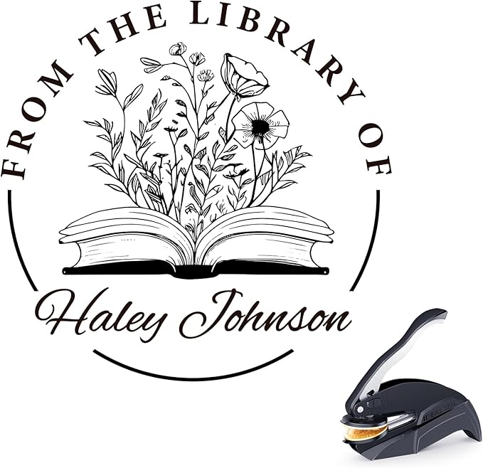 Book Embosser Personalized - Custom Library Embosser Stamp Gifts for Book Lovers, Readers, Teachers (Floral-02)