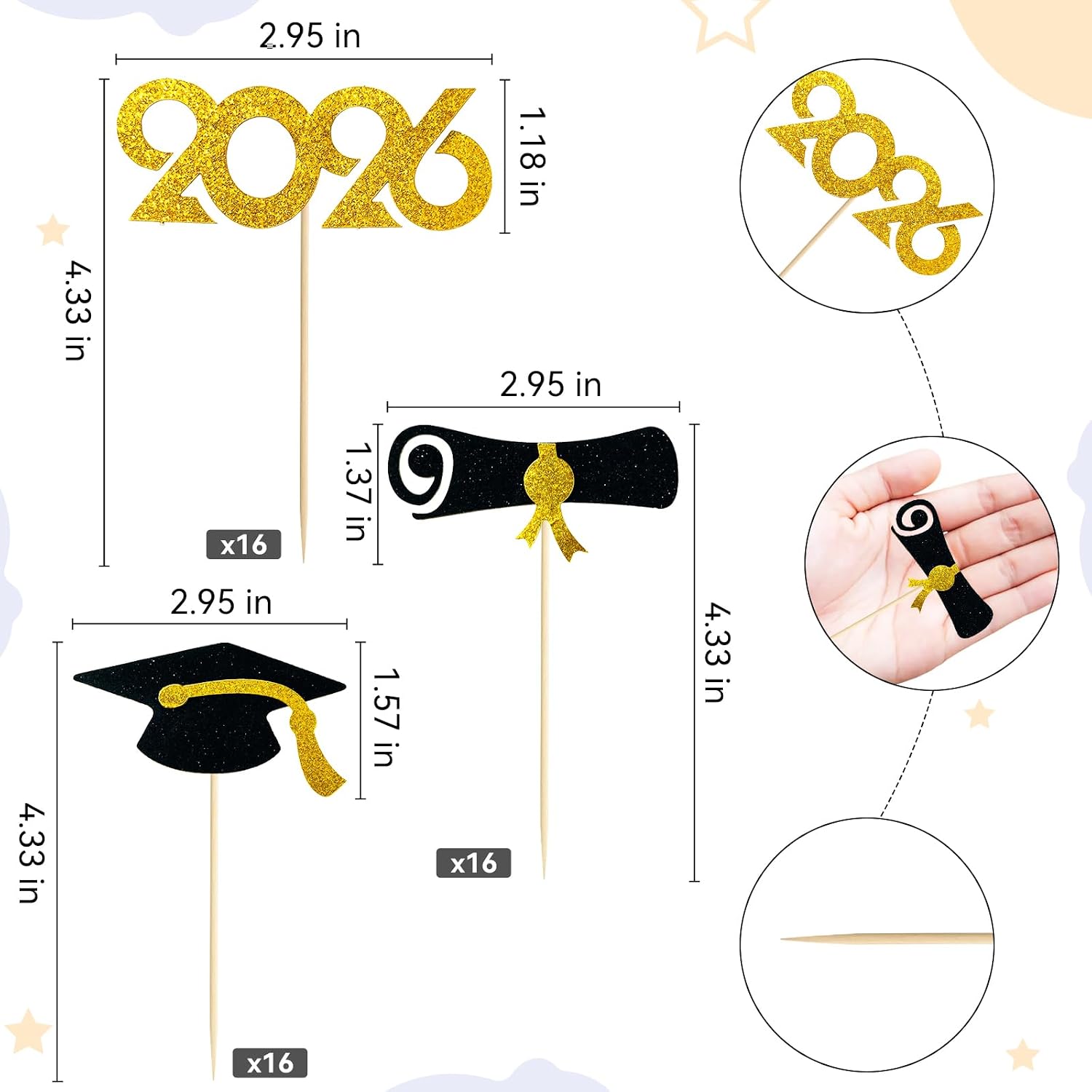 2026 Graduation Cupcake Toppers 48 Pack, Pre-Assembled Food & Appetizer Picks, Black Gold Grad Cap & Diploma Cupcake Decorations for Graduation Party