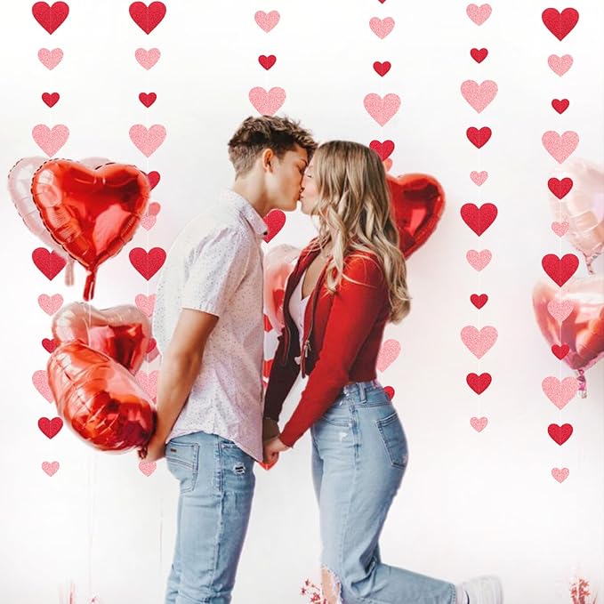 Red Pink Party-Decoration Heart Garland - 40ft Galentines Hanging Paper Streamers, Proposal Anniversary Romantic Birthday Baby Shower Rustic Wedding Hanging Ornaments Decor Hugfond
