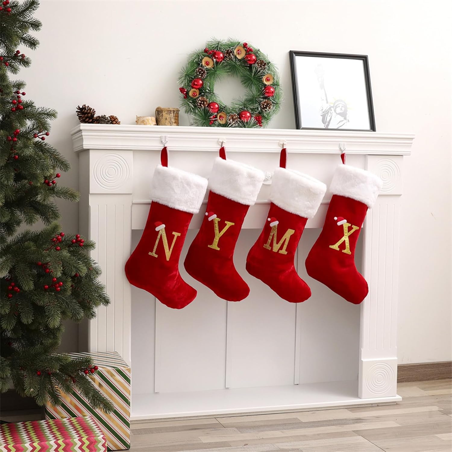 20" Monogrammed Christmas Stocking with Letter A | Personalized Red Plush Cuff Initial Stocking - Holiday Xmas Gift for Family Decor (Red, Letter A)