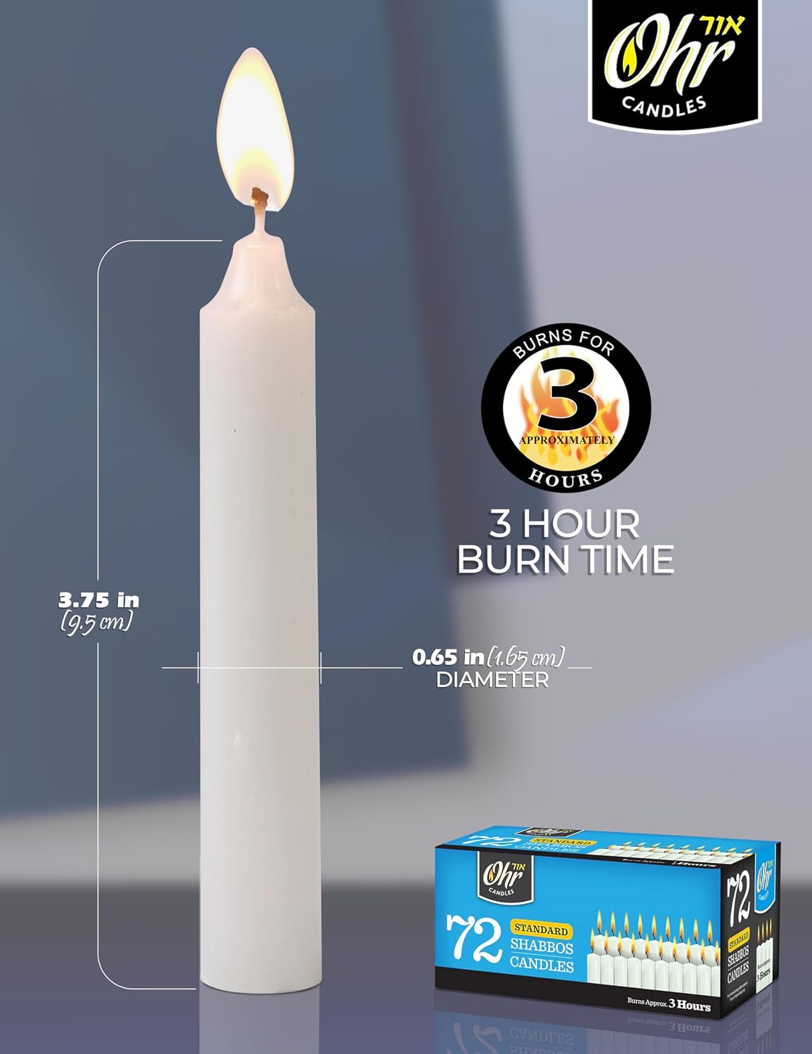 OHR CANDLES Shabbat Candles, Traditional Shabbos Candles, 3 Hour, 72 Count (Pack of 2) (144 Count)