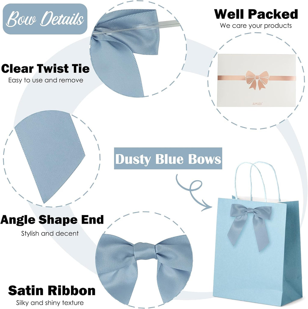 AIMUDI 5 Colors Dusty Blue Twist Tie Bows 3.5" Premade Blue Satin Ribbon Bows for Gift Wrapping Pre-Tied Treat Bows for Wedding Decor, Bridal Shower, Baby Shower, Wreaths, Party Favors - 50 Counts