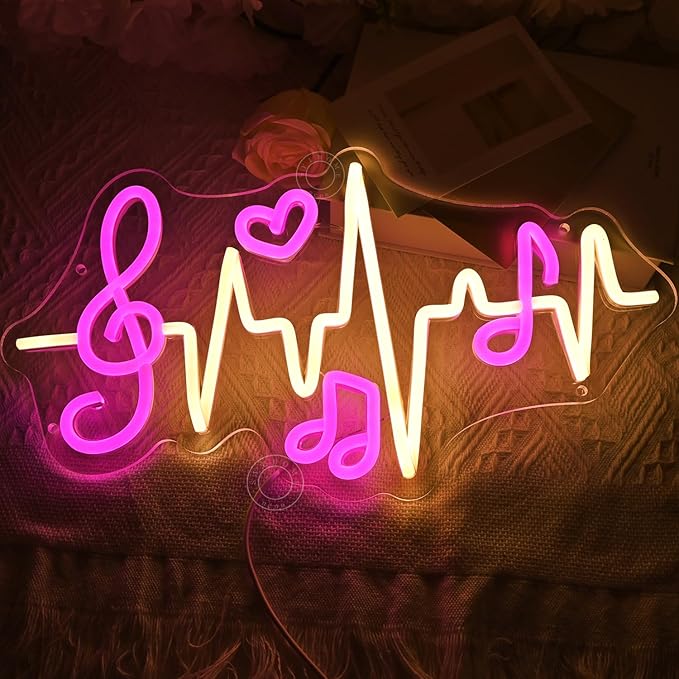 SYLHOME Led Neon Light Sign Music Note Wall Decor Sign Heartbeat Music Room Bedroom Studio Bar Theme Birthday Christmas Party 15.75" X 8.54" USB