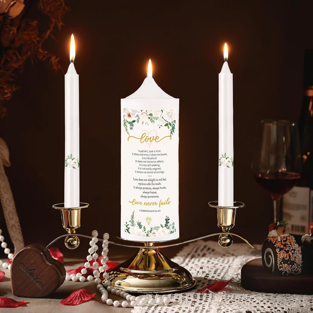 Landhoow 3 Unity Floral Candles for Wedding Ceremony Set with Golden Holder White Pillar and Taper Candles Religious Wedding Catholic Anniversary Big Events Gifts for Couple
