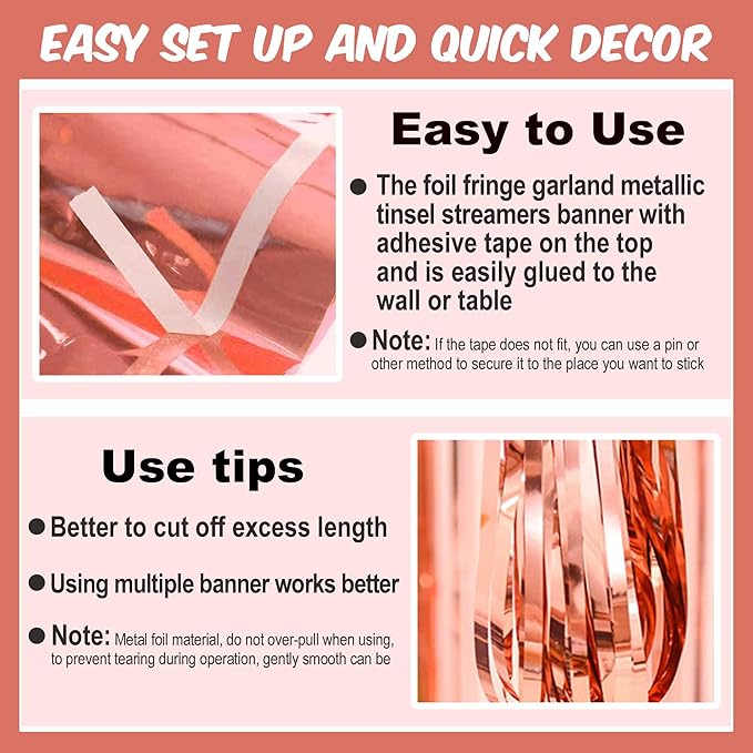4 Pack 10 Ft Rose Gold Foil Fringe Garland Metallic Streamers Tinsel Banner Wall Hanging Garland Backdrop for Parade Floats, Halloween, Christmas, Thanksgiving, New Year Party Decorations