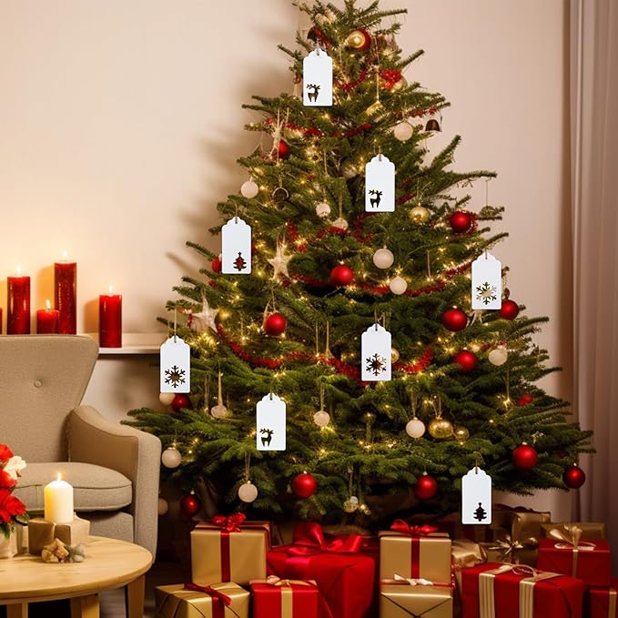 jijAcraft Christmas Gift Tags - 150Pcs Christmas Tags with String, Blank White Paper Hollow Trees, Rudolph, Snowflake Shapes Holiday Labels for Xmas Party Favors, DIY Crafts, Jar