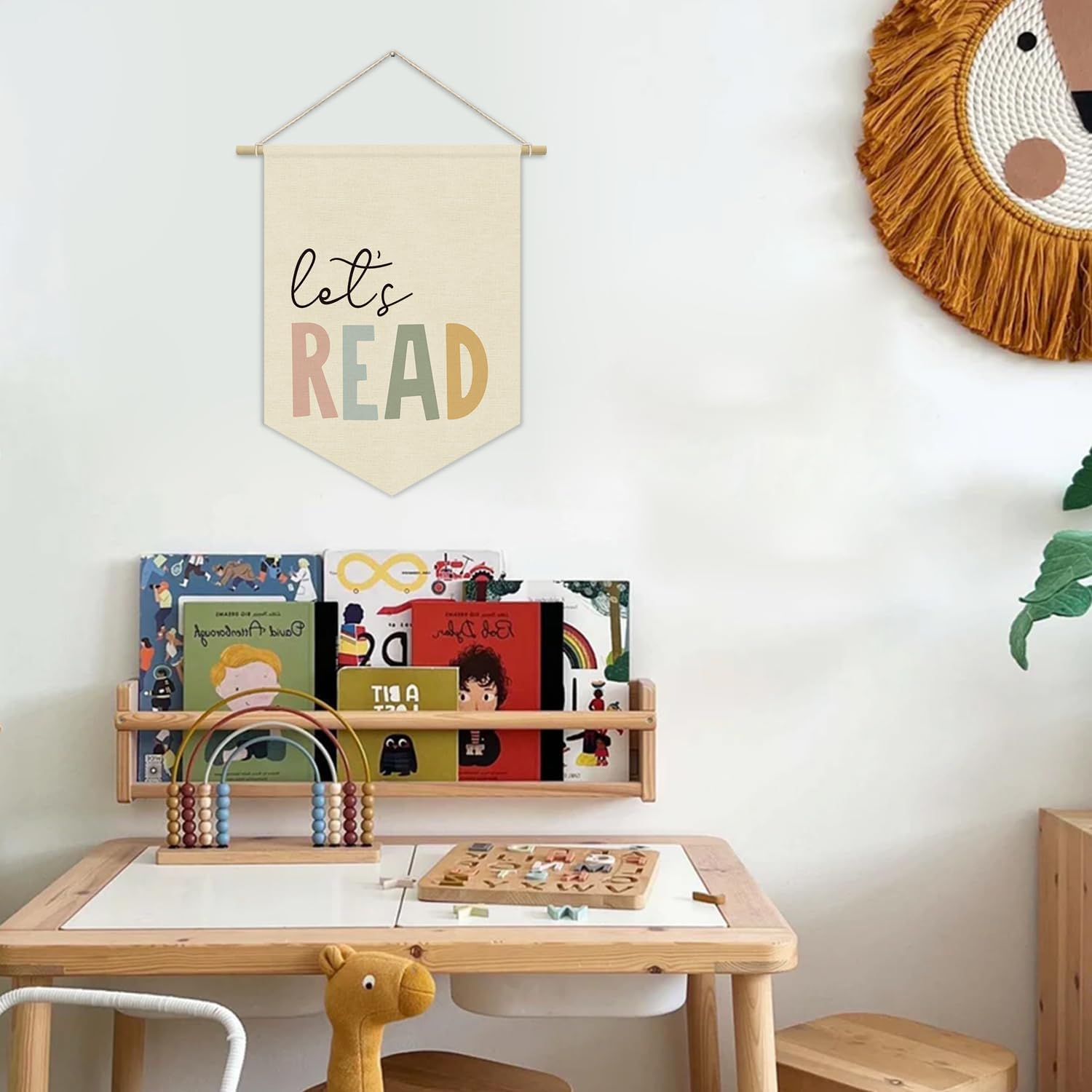 Reading Corner Decor, Let's Read Sign Kids Room Wall Canvas Banner, Library Boho Classroom Bookshelf Hanging Pennant Flag, 15x11in