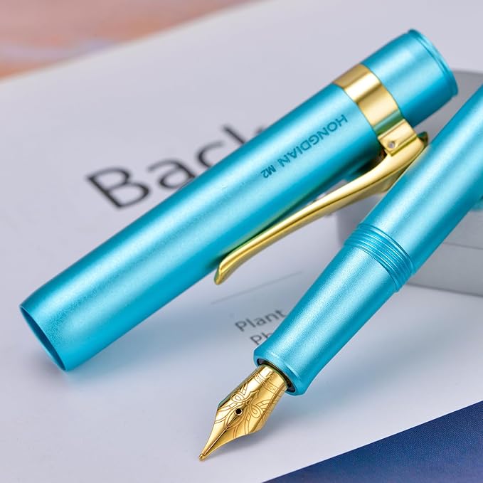 HONG DIAN M2 Black Forest Mini Fountain Pen, Fine Soft Nib & Sleek Shape Aluminium Short Pocket Travel Pen (Lake Blue)