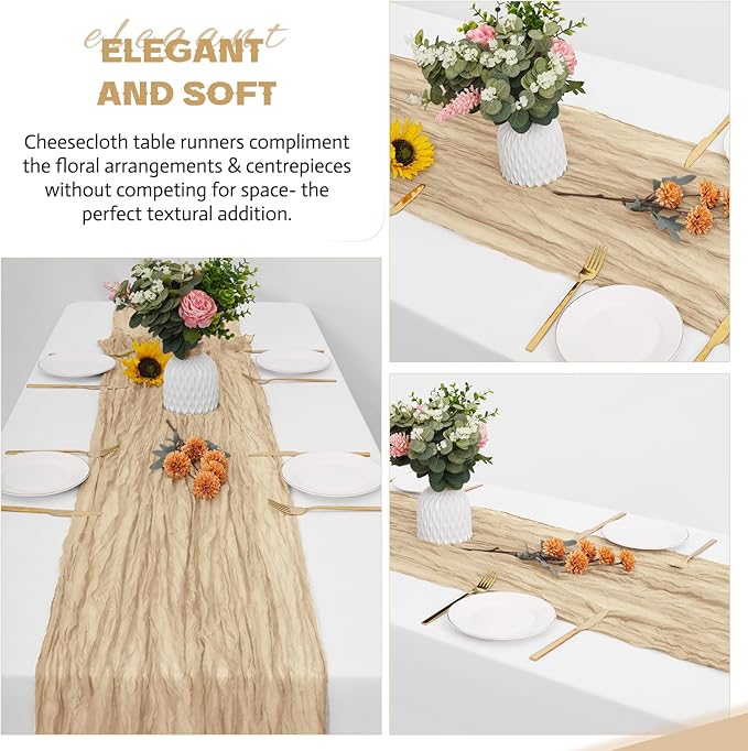 Aktor 12 Pack Beige Table Runner Boho Cheesecloth Table Runner Semi Sheer Gauze Fabric Runners for Wedding Birthday Baby Shower Party Boho Table Decoration（Beige）