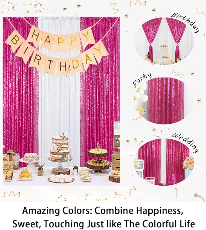 ShinyBeauty 4x10ft Fuchsia Sequin Backdrop | 2 Panels Glitter Curtains for Wedding, Parties, and Photography Backgrounds