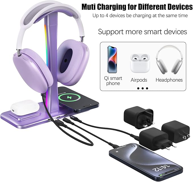 Headphone Stand with Wireless Charger,Gaming Headset Stand with RGB Light Mode,Airpod Max Stander Compatible with Airpod Pro/3/2,iPhone 16/15/14/13/12/11,Gifts for Gamers & Music Lover (Purple)