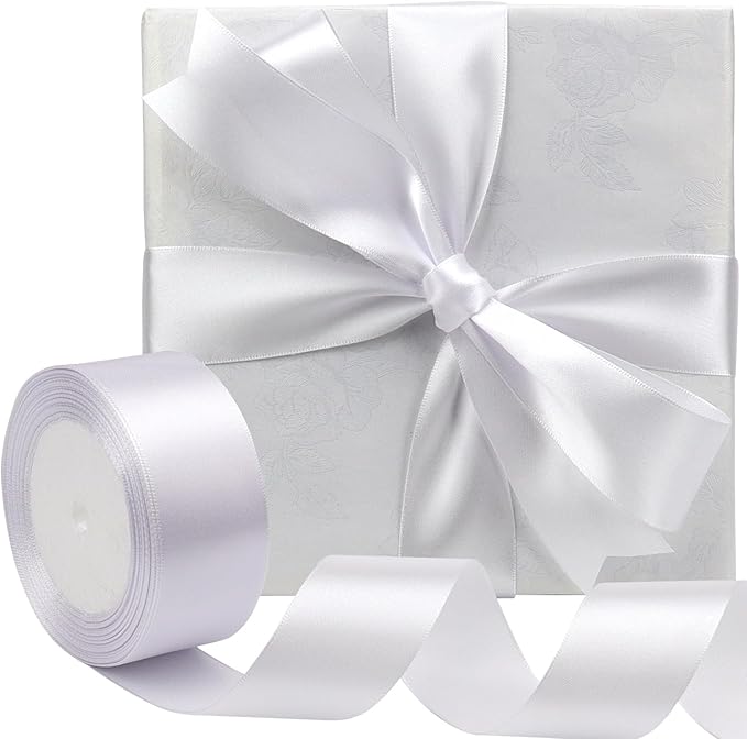 White Solid Satin Ribbon 1-1/2 Inch 25 Yards Solid Polyester Fabric Ribbon for Gift Wrapping Wedding Christmas Baby Shower Birthday Party Decoration Handmade Immortal Flower Craft