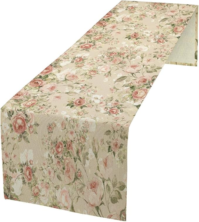 Lovely Rose Table Runner, Red and White Vintage Rose Delicate Floral Natural Pattern Long Table Restaurant Kitchen Holiday Party Decoration,13in（33cm） W * 108in（274cm） L