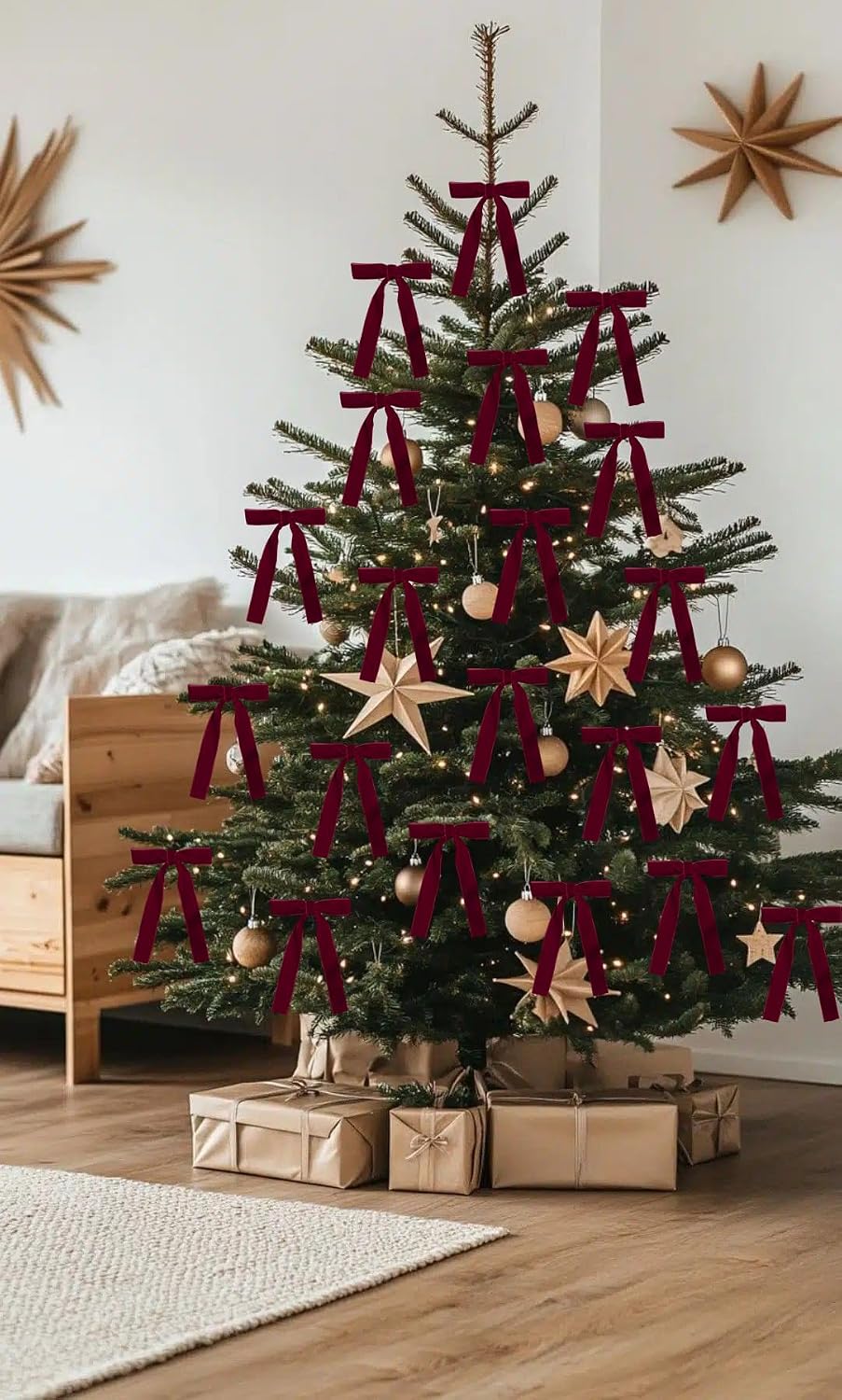 SIMISI RIBBON 24 Pcs Burgundy Velvet Bows Christmas Tree Ornaments Vintage Ribbon Bow for Tree Garland Wreath Rustic Crafts Gift Indoor Outdoor Xmas Decorations
