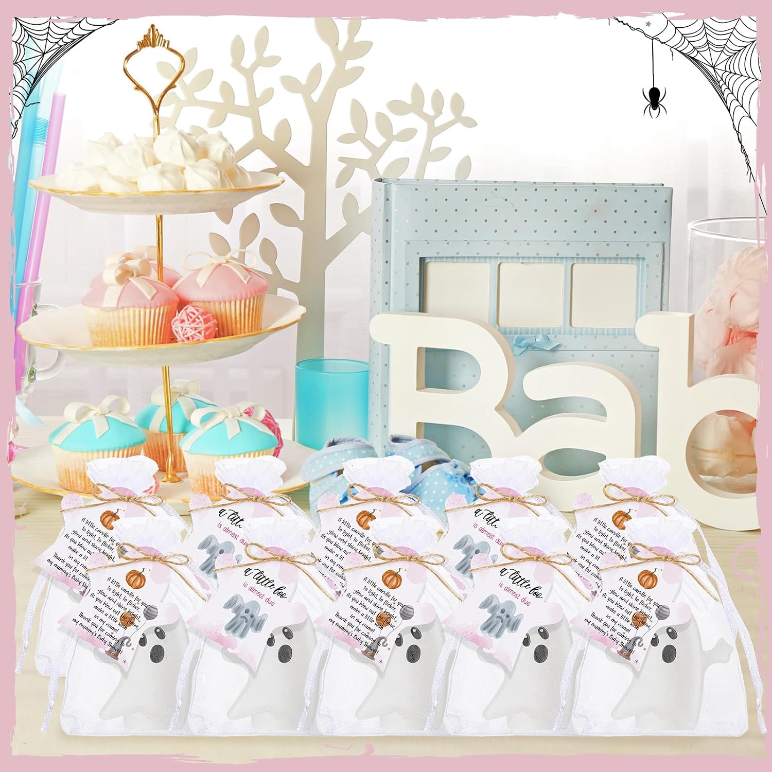 MTLEE 50 Sets Halloween a Little Boo is Almost Du Baby Shower Favors Cute Ghost Candles Unscented with Mini Ghost Thank You Cards Bags for Halloween Boo Gender Reveal Party Supplies (Pink)