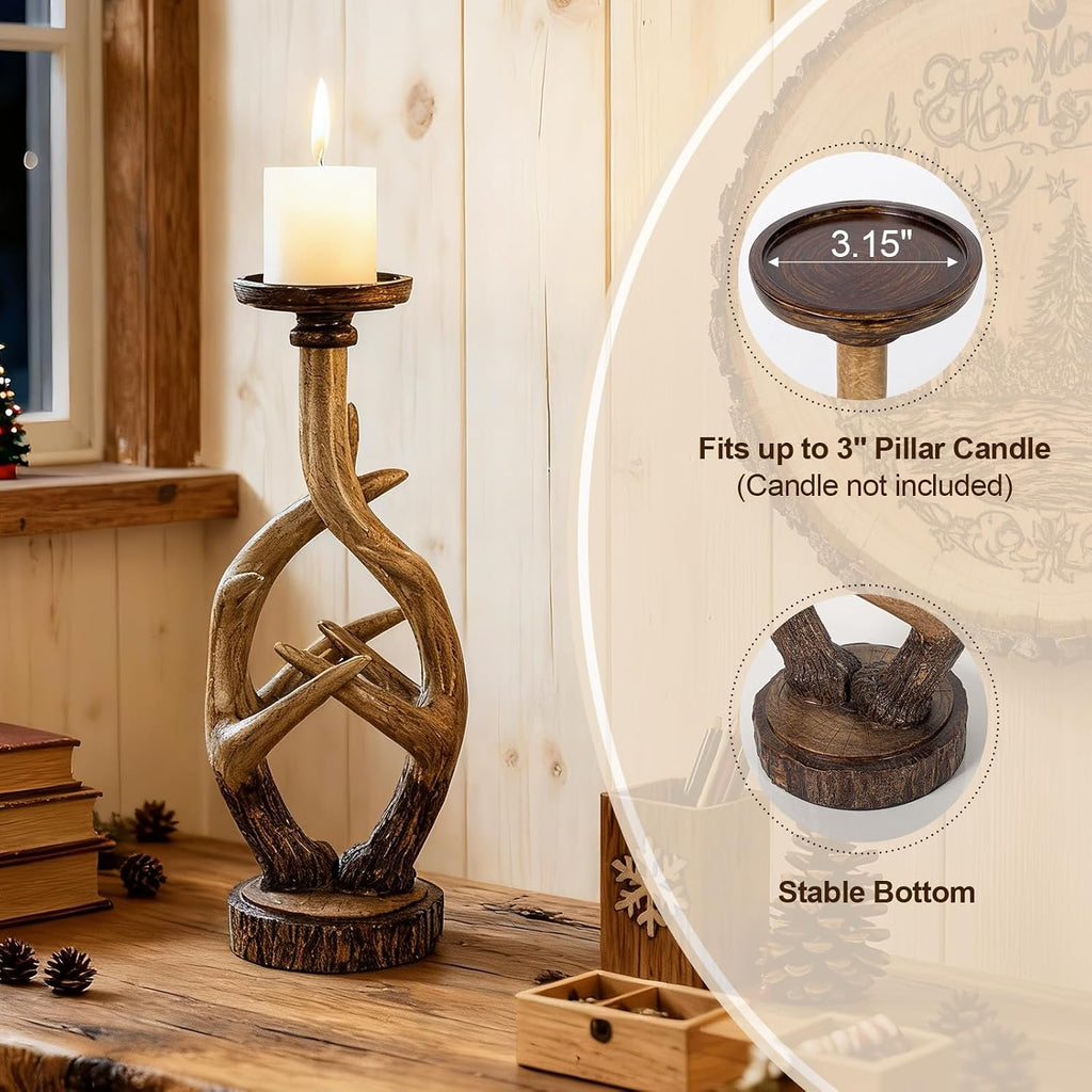 Scenekoy Vintage Antler Candle Holder Set of 2, Large & Medium Farmhouse Candlestick Holders for Table Centerpiece, Pillar Candle Stick Holders Resin Candle Stand for Home Decor Xmas Decorations