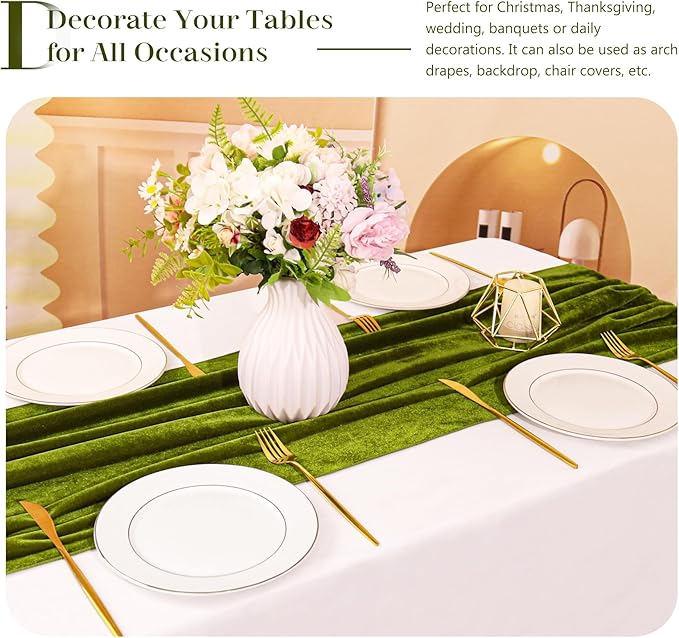 Velvet Table Runner 20 x 120 Inches 10ft Luxurious Thick Soft Velvet Christmas Thanksgiving Wedding Reception Table Runner for Party Reception Decorations(Olive Green, 1 Pack)