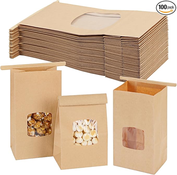 Moretoes 100pcs Small Bakery Cookie Bags with Window, Brown Kraft Paper Bags for Homemade Bread Cookie, 3.5x2.2x6.7in Tin Tie Tab