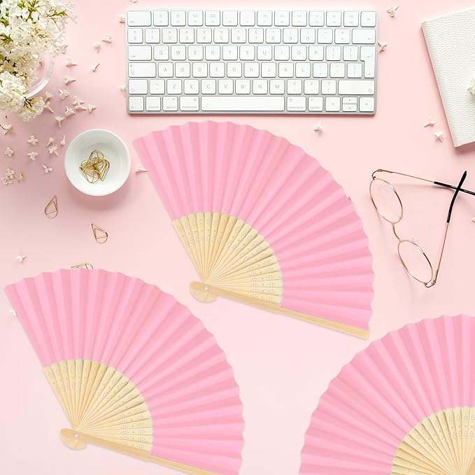 12 Pieces Pink Hand Held Bamboo Folding Fans Paper Fans Handheld for Women Foldable Girls Wedding DIY Decoration Church Home Party Favors Summer