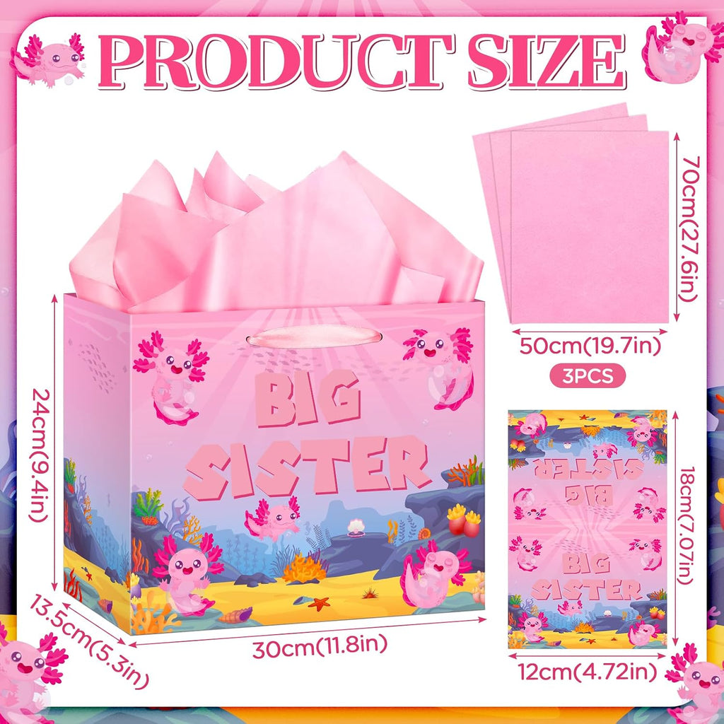 TagreSpike Big Sister Gift Bag for Girls, Axolotl Big Sister Gift Bag with Tissue Paper and Greeting Card Axolotl Wrapping Paper Bags New Sister Party Decor for Little Girl Birthday Party Supplies