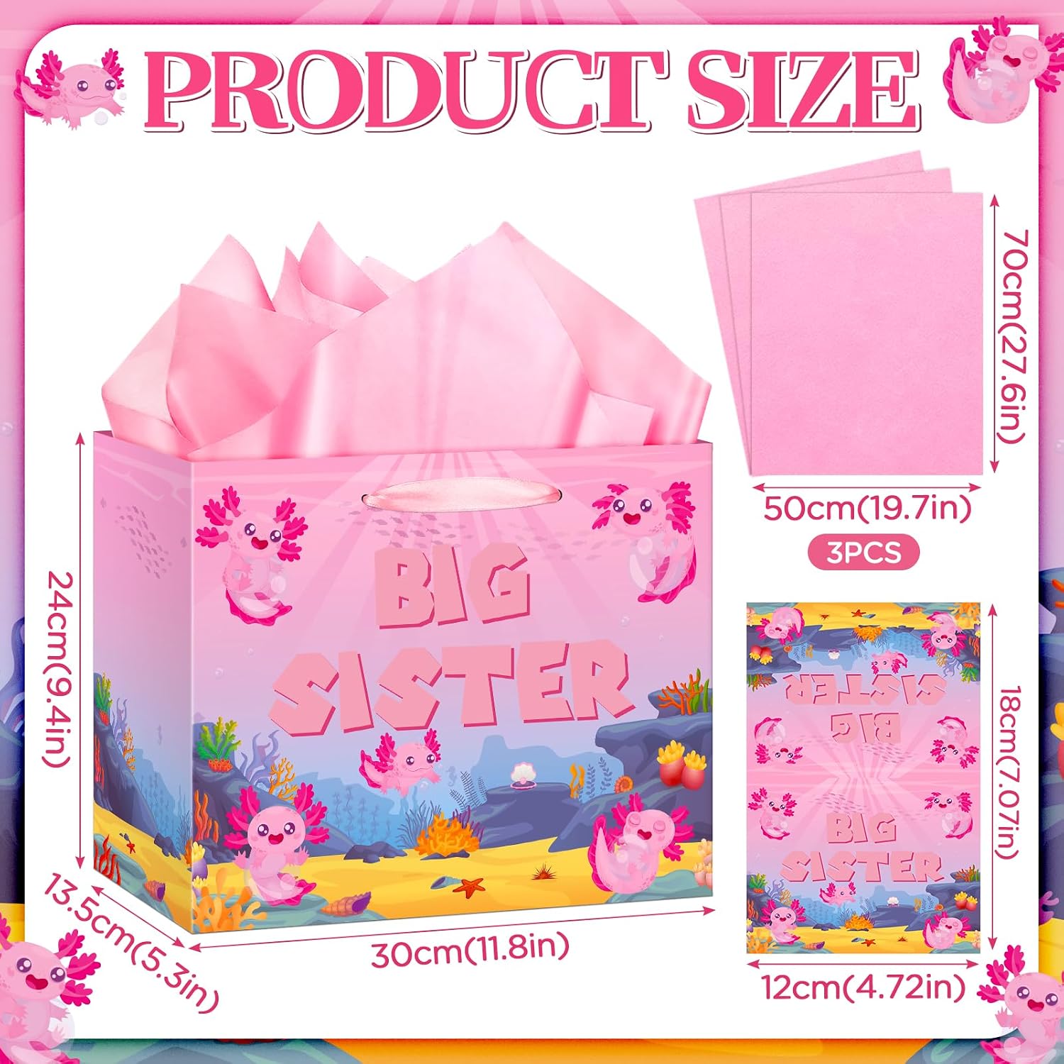 TagreSpike Big Sister Gift Bag for Girls, Axolotl Big Sister Gift Bag with Tissue Paper and Greeting Card Axolotl Wrapping Paper Bags New Sister Party Decor for Little Girl Birthday Party Supplies