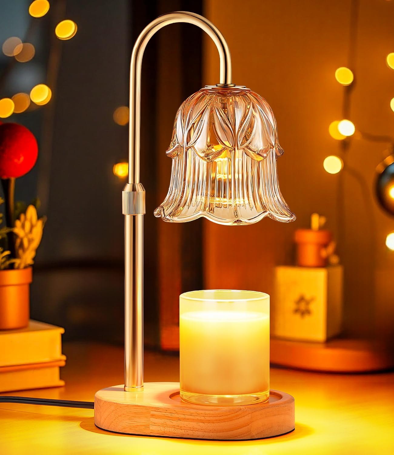 Candle Warmer Lamp Adjustable Timer - Electric Flower Glass Candles Warmers - Height Adjustable Dimmable Vintage Base Modern Wax Candles Top Warmers Wax Melts Birthday Women Mom House Warming Gifts