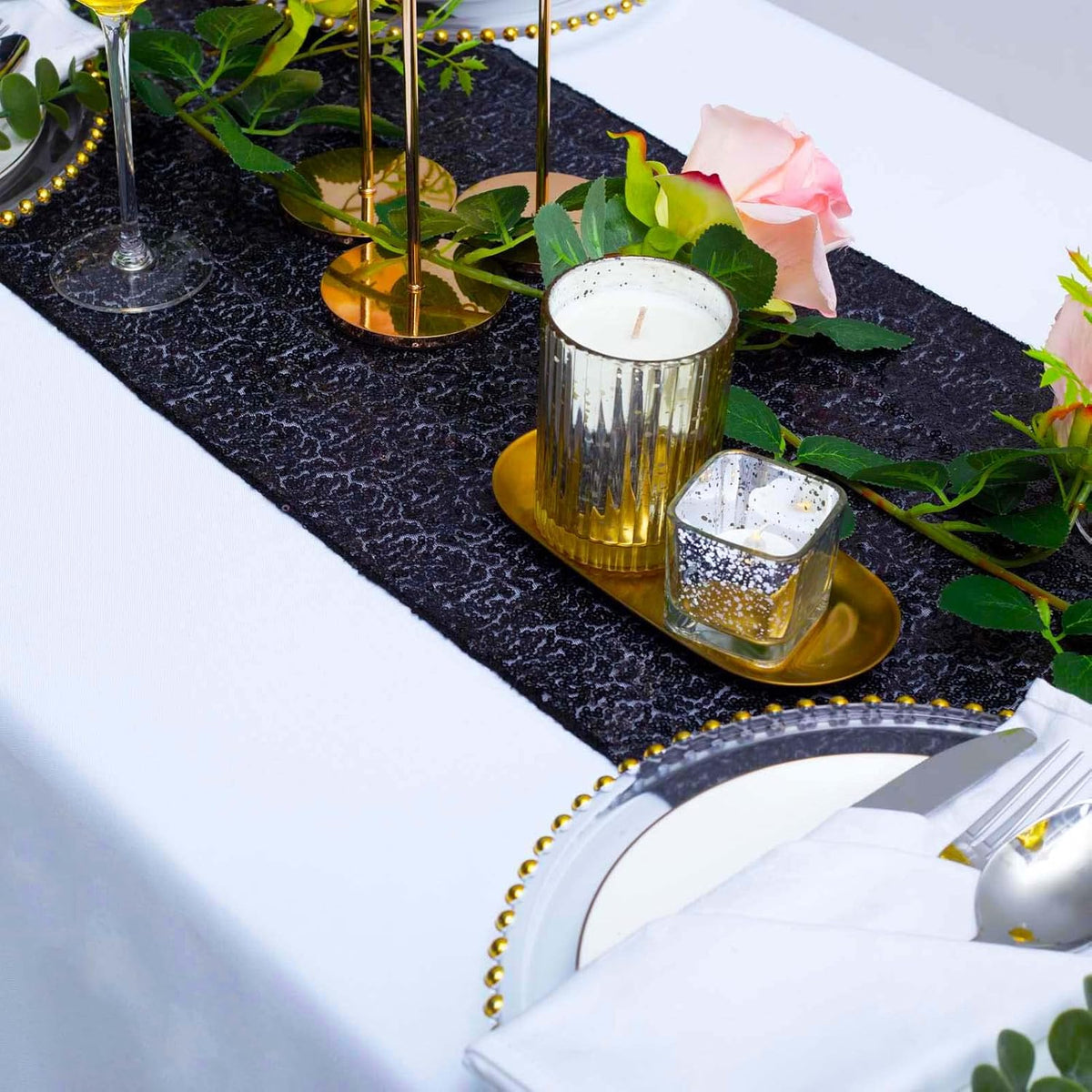 6 Pack Black Sequin Table Runner 12x108 Inch, High Density Sparkly Glitter Ta...