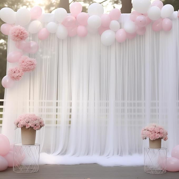 20x10 White Tulle Backdrop Curtains for Parties, Sheer Backdrop Curtain Wedding Photo Background Drapes for Baby Shower Photography Birthday Party