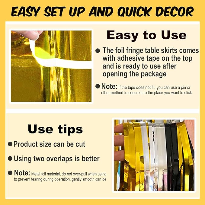 3 Pack 29 x108 Inch Black Gold Silver Foil Fringe Table Skirts Metallic Banner for Tinsel Streamer Garland Backdrop for Parade Floats Mother's Day, Graduate, Birthday, Wedding Party Decoration