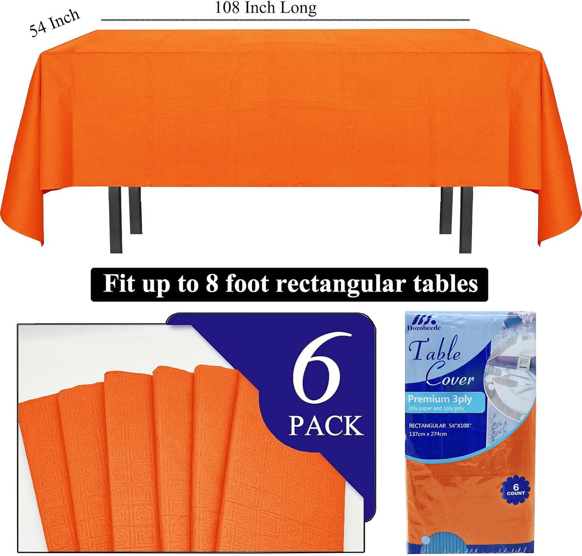 [6 Pack] Orange Paper Tablecloth Disposable for Rectangle Tables, 54 X 108 In...