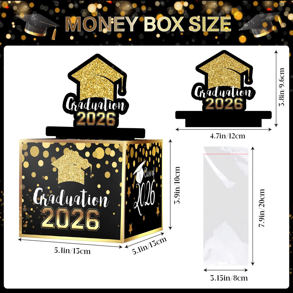 Linelglobal 2026 Graduation Box for Cash Gift, Pull Out Money Box for Boys Girls, Congrats Grad Surprise Funny Black Gold