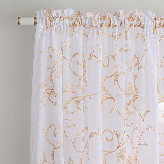 Sheer Curtains White-Beige 45 Inch Length Floral Embroidery Vintage Rod Pocket Voile Drapes for Living room, Bedroom, Window Treatments Semi Crinkle Curtain Panels for Farmhouse Set of 2, 52"x 45".