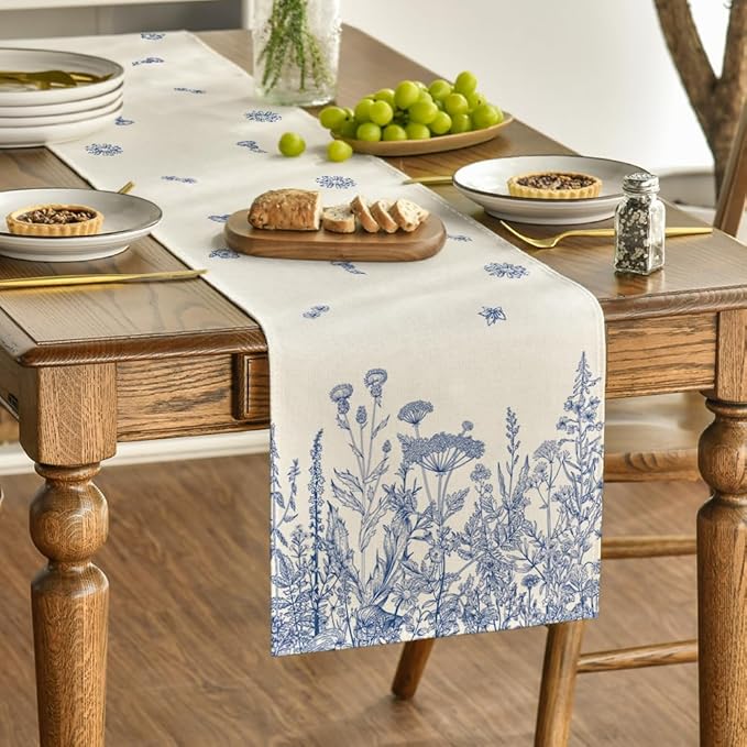 Artoid Mode Blue Antique Herbs and Wild Flowers Spring Table Runner, Seasonal Summer Kitchen Dining Table Decor for Home Party Decor 13x72 Inch