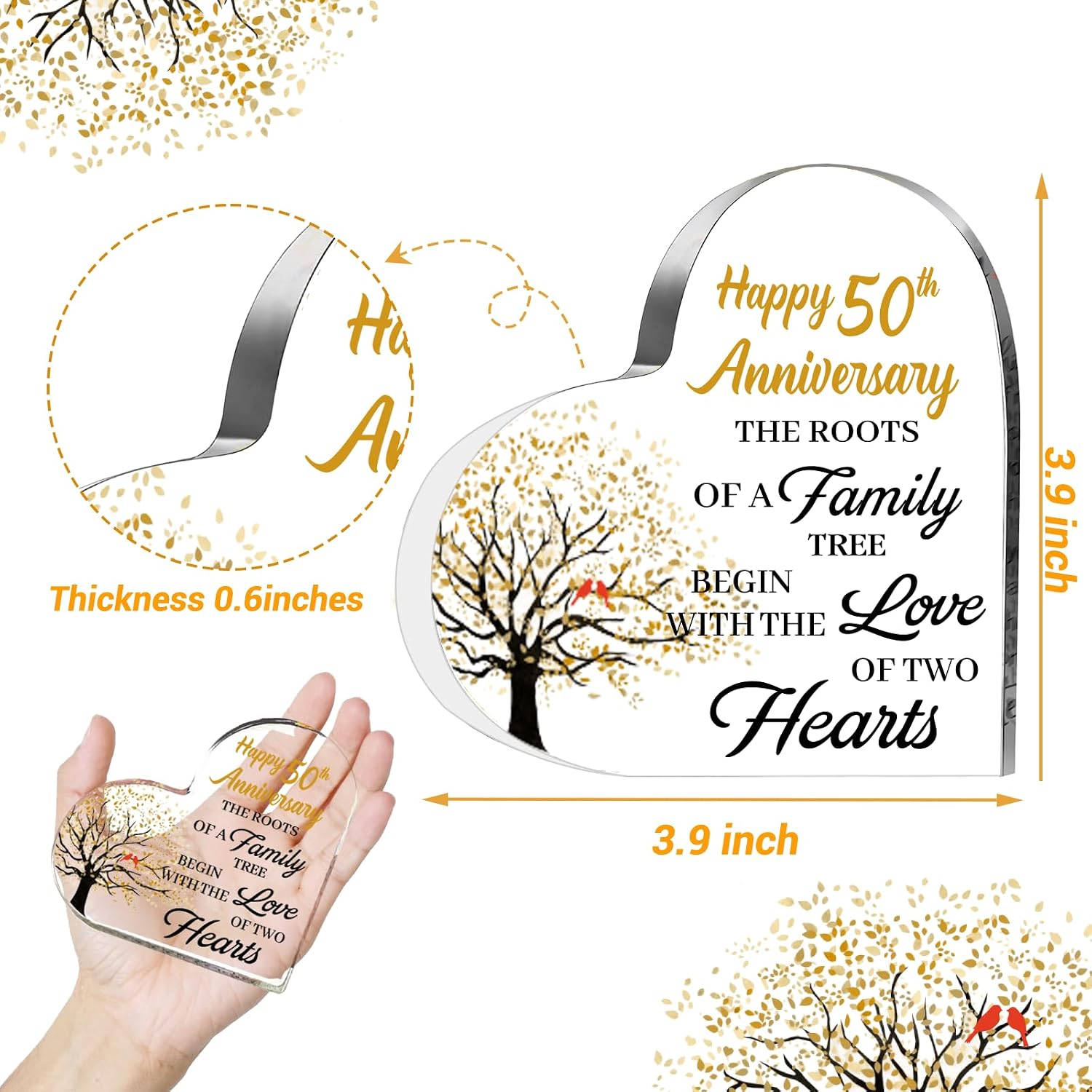 50th Anniversary Wedding Gifts for Couple Parents, Acrylic Heart Cake Topper Decorations, 50 Year Anniversary Presents Gifts Idea for Her Him