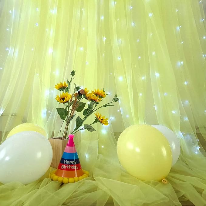 Yellow Sheer Tulle Backdrop Curtains with Lights String for Birthday Party Photoshoot 2 Panels 5×10ft Yellow Backdrop Curtains for Baby Shower Wedding Background Decorations