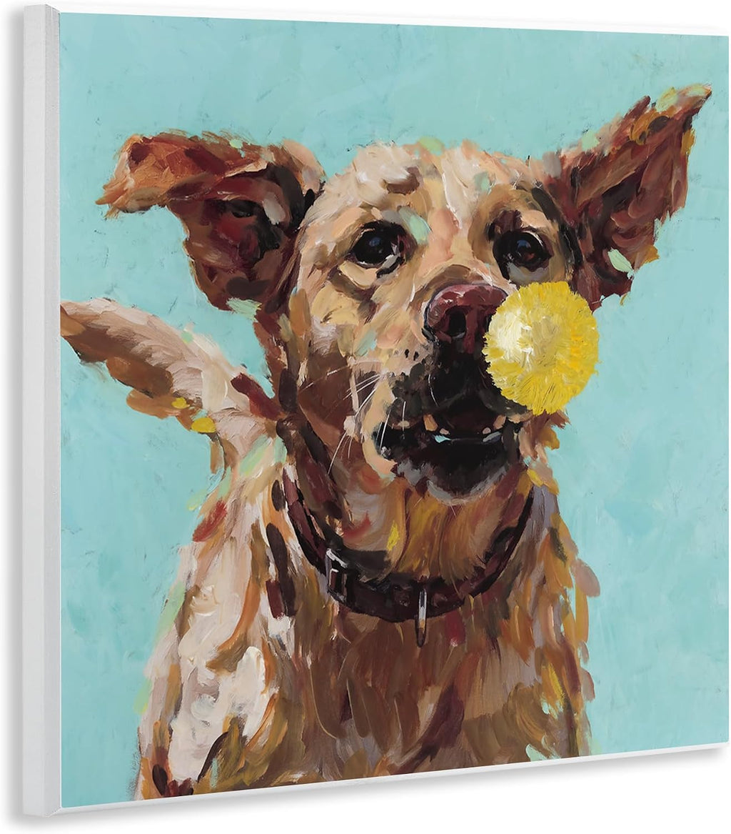 Dog Playing with Ball Joyful, 12 x 12 Inch Mounted Print on Wall Plaque | Stupell Industries · By Studio Bautista · Ready to hang · Great for living room or game room · Made in USA