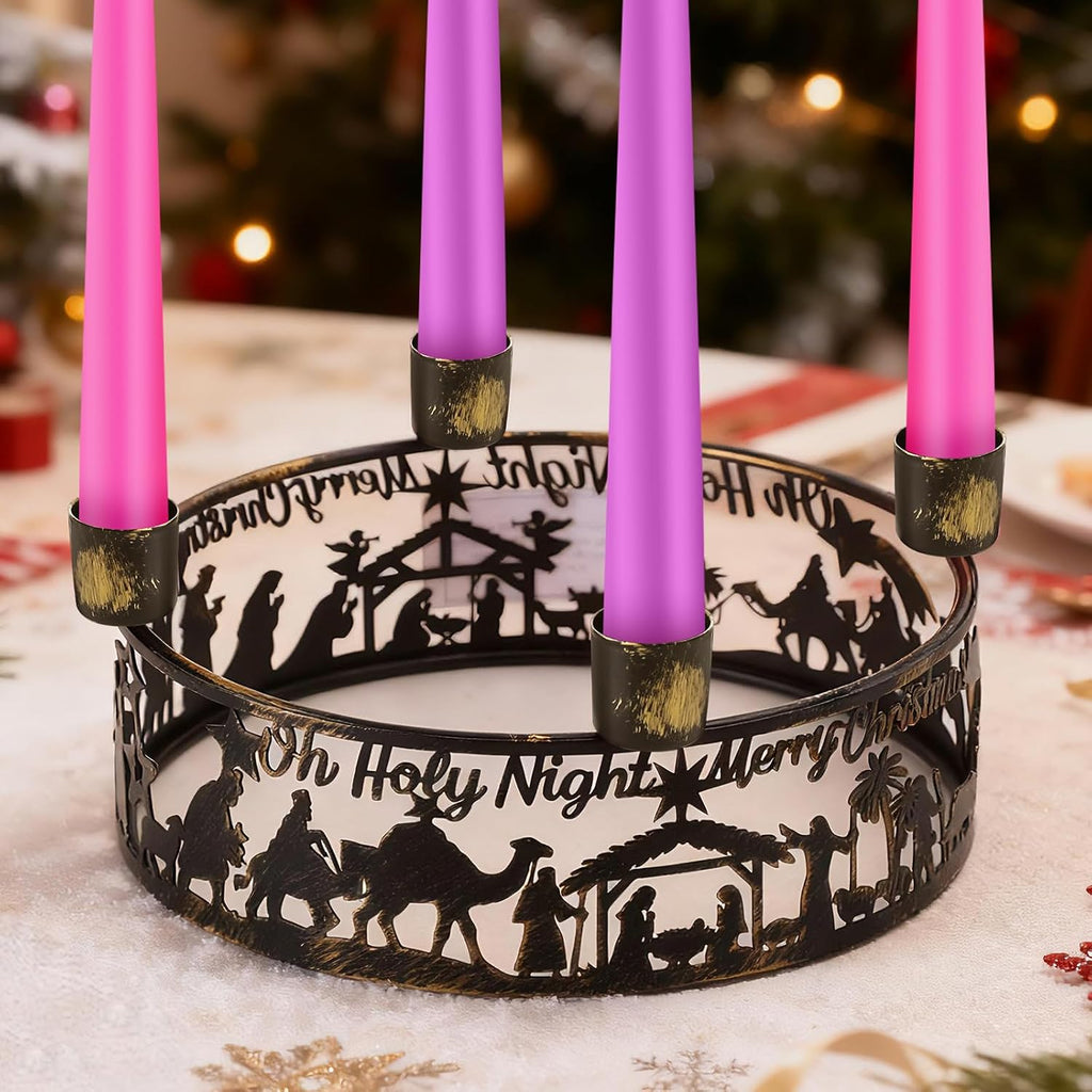 Blulu Advent Wreath Candle Holder Nativity Scene Ring Candle Holder Metal Jesus Nativity Set Christmas Centerpiece for Candlestick Rustic Advent Christmas Home Decorations Xmas Signs (Holy Night)