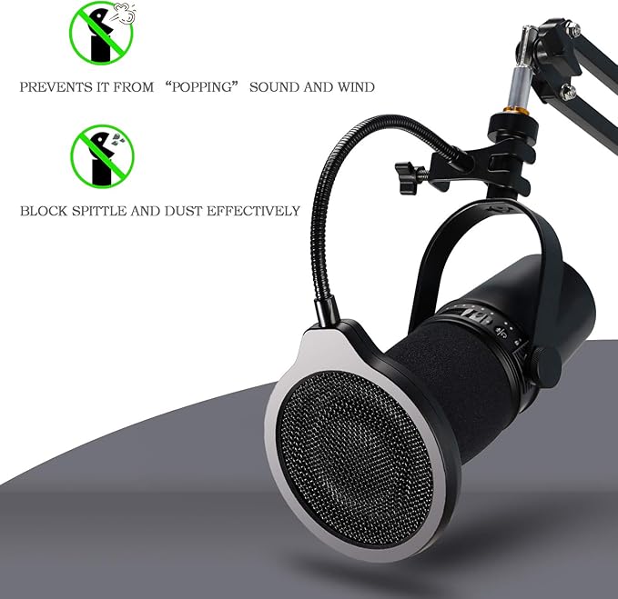 YOUSHARES Pop Filter - 4 Inch 3 Layers Metal Windscreen with Flexible 360° Gooseneck Clip Mic Mask Shield Compatible with Shure MV7 Mic