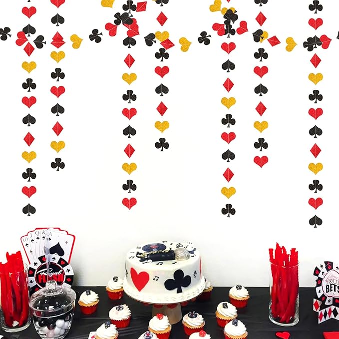 Red-Black Gold Casino Party-Decorations Streamers-Garland - 52ft Poker Theme Hanging Paper Banner,Adults Game Night Birthday Wedding Bachelorette Decor Hugfond
