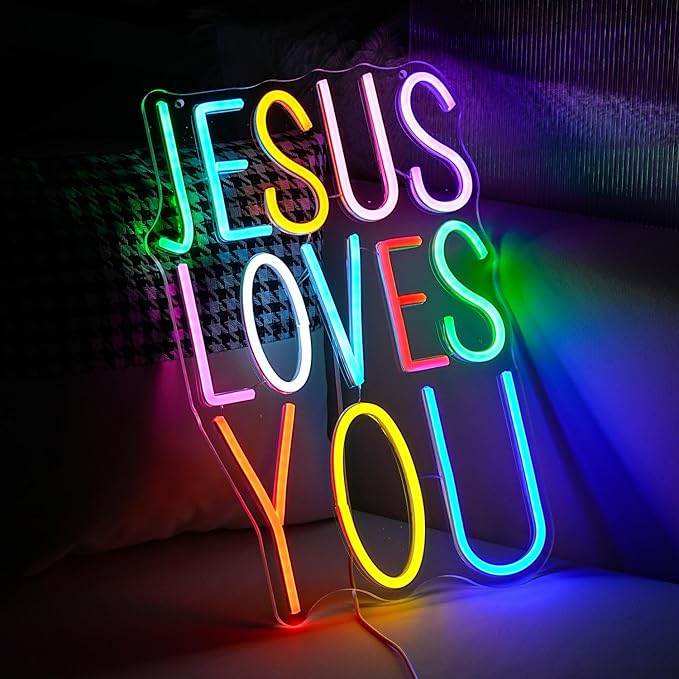 Jesus Loves You Neon sign Colorful Led Letters Sign Neon Light for Wall Decor Dimmable Jesus Light Up Sign for Home Christ Church Wedding Birthday Party Decor(USB Power)