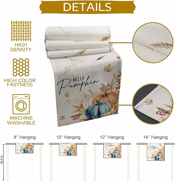 Fall Thanksgiving Cotton Linen Table Runner for Dining Kitchen, Orange Pumpkins Outdoor Party Autumn Tablerunners Decoration, Rustic Wheat Leaves Dresser Scarf Coffee Tablecloth Runners 13x60 Inches