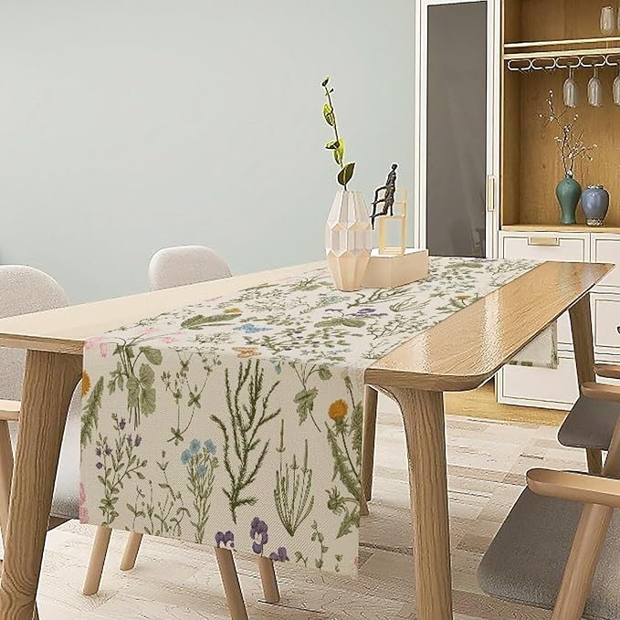 Floral Botanical Table Runner, Garden Spring Flower Botanical Butterfly Animal for Restaurant, Kitchen, Wedding, Party Rectangular Table Runner Decoration,13in（33cm） W * 72in（184cm） L