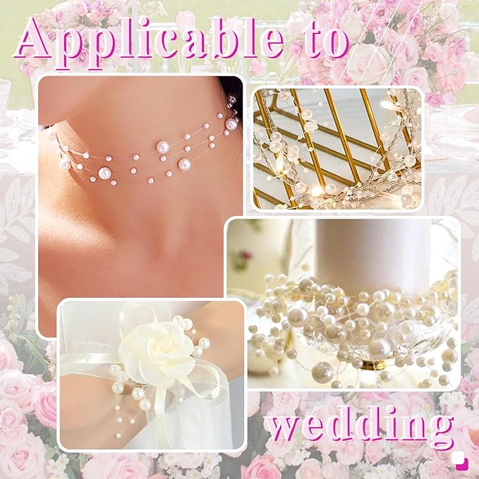 99 Feet Fishing Line Artifical Pearl Strings for Crafting, Faux Pearl Garland Strands for Floating Candle Vases Filler Wedding Centerpiece Bouquet Christmas Tree Party Decoration, White